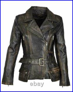 Women's Genuine Lambskin Leather Vintage Motorcycle Jacket Rub Off Faded Coat