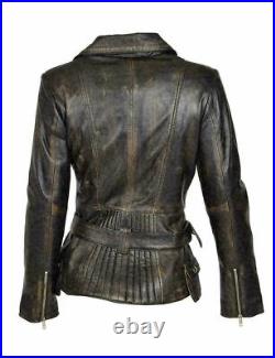 Women's Genuine Lambskin Leather Vintage Motorcycle Jacket Rub Off Faded Coat