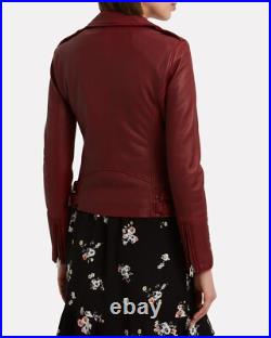 Zayn Leather Women Moto Jacket Genuine Lambskin Leather Dark Red Biker Jacket